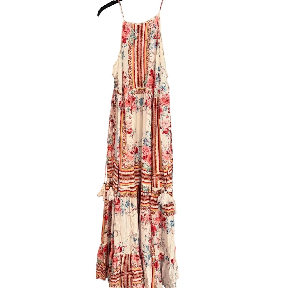 Xhilaration Maxi Dress Womens L Cream Floral Excellent Boho Tiered Lace Up
